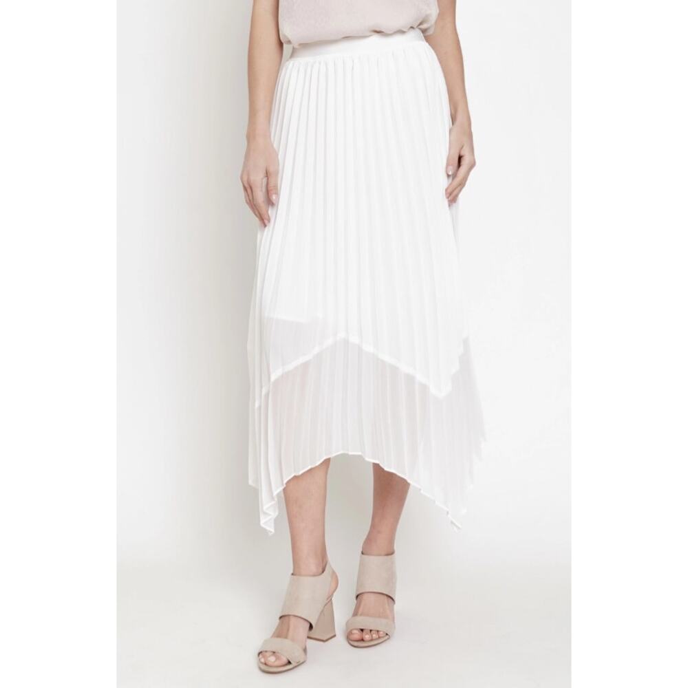 White Pleated Midi Skirt Asymmetrical Hem - Picture 6 of 8